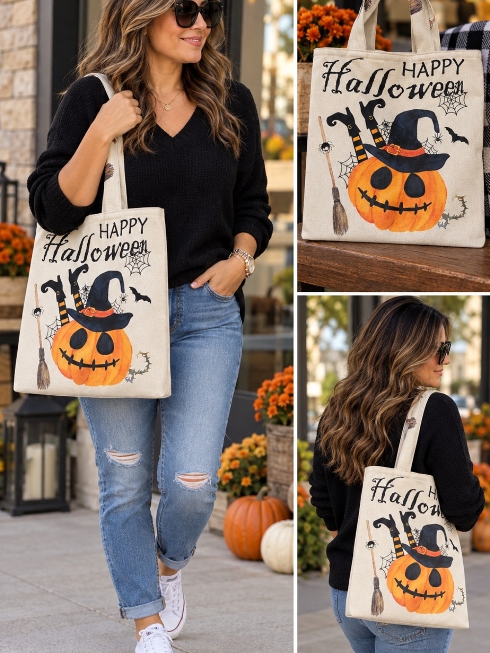 Happy Halloween Pumpkin Canvas Tote Bag - Cream